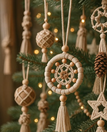 Boho Christmas ornaments with macramé, wooden beads, and pampas accents in golden cozy light.