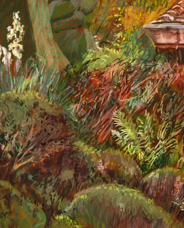 Side view from Great Dixter porch - digital drawing