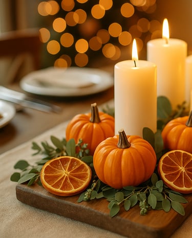 Thanksgiving table with dried oranges, pumpkins, and white candles centerpiece.