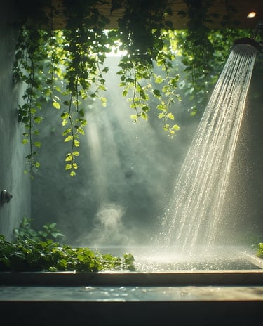 Cool-toned bathroom with green foliage, eucalyptus hanging from showerhead.