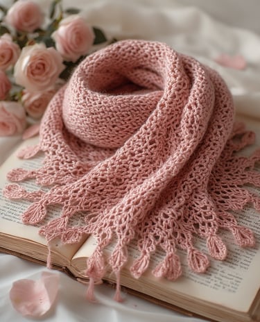 Lacy crochet scarf with delicate shell pattern in pastel blush yarn
