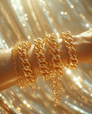 Close-up of stacked gold cuffs and a chunky chain bracelet on a model’s arm. 