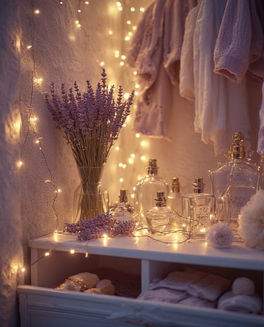 Close-up of a feminine wardrobe corner with dried lavender bundles, perfume bottles, and soft golden