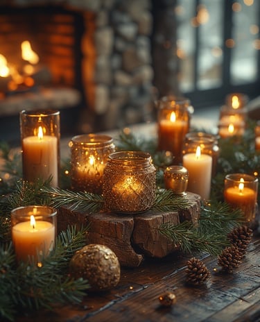 Warm candlelit Christmas décor in Ralph Lauren lodge style