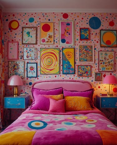 Funhaus Bedroom with vibrant gallery wall of abstract circus-inspired art, bold dots, spirals