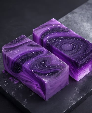 Deep neon purple and violet handmade soap bars with galaxy-style marble swirls.