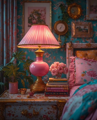 Rose pink bedside lamp with gold accents in a modern bedroom