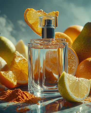 Citrus slices, pear wedges, and glossy fruit essences arranged around a translucent perfume bottle 