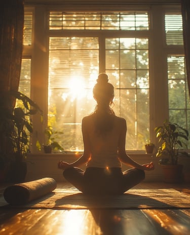 Woman stretching in front of a sunlit window, yoga mat rolled out