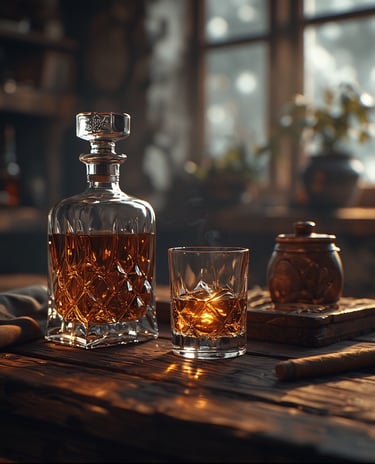 Moody lifestyle scene with whiskey glasses, decanter and a cigar on a wooden table.