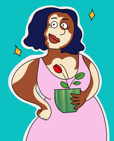 a woman with a flower potted in a potted potted with a flower. Vitiligo. By Diane Mulolo Faida