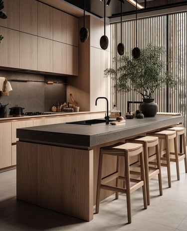 Şık tezgâh ve dolap detaylarına sahip mutfak tasarımı