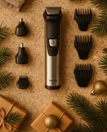 Philips Norelco Multigroom 9000 trimmer set with attachments on countertop and Christmas greenery.