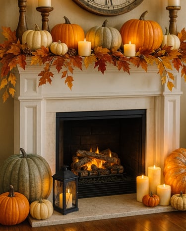 fireplace mantel decorated for fall with layered pumpkins in white, orange, and green tones