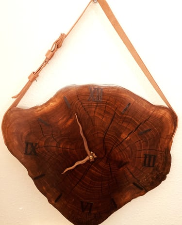 Farmhouse Edged wooden. Epoxy and Leather slab Wall  Art clock.