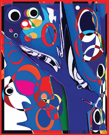 Pop art of blue rabbit surround by elliptical rings of  many colors.