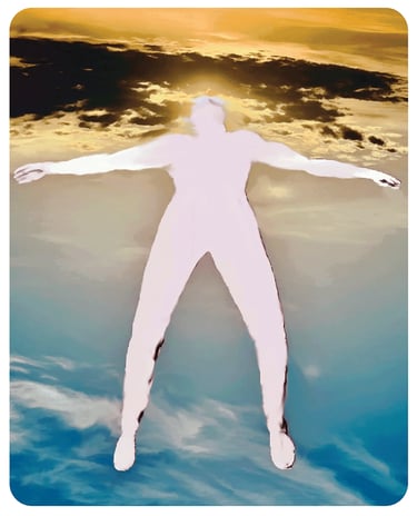 Pop art of man floating in a sunset sky.