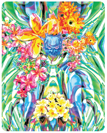 Pop art of the serpent in The Garden of Eden surrounded by blooming flowers.