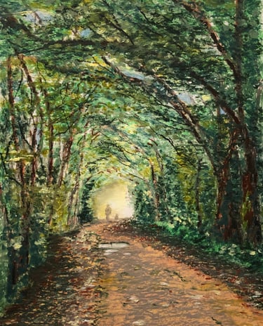 Oil pastel of a person walking down Lamberts lane tree lined bridleway