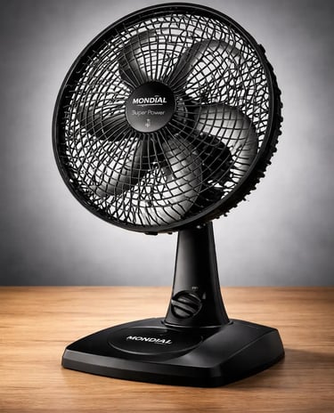 Mondial Super Power black electric table fan with 6 blades on a wooden surface.