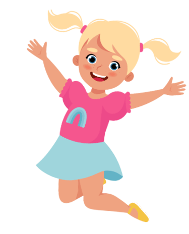 Colorful, smiling cartoon girl jumping and celebrating