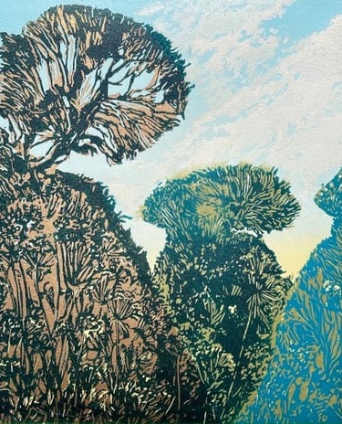 Linocut: Peacock Garden, Great Dixter