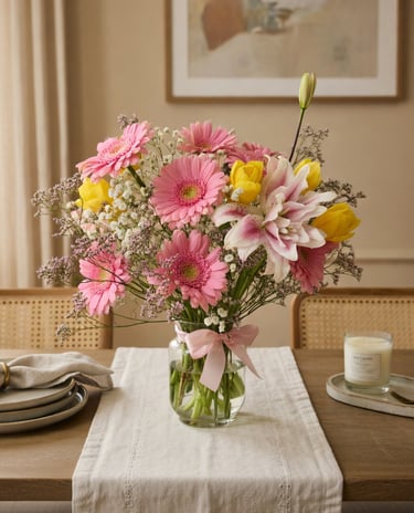 Fresh bouquet of pink gerbera daisies, yellow tulips, and lilies in a glass vase on a wooden dining table.