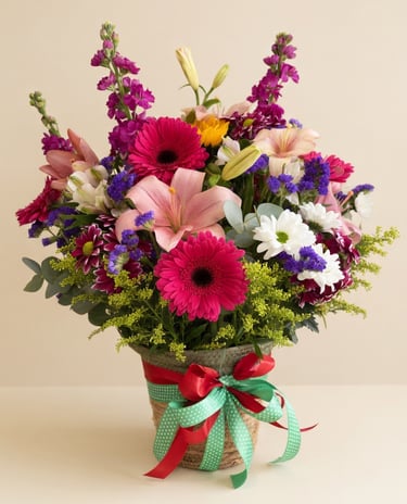 A colorful floral arrangement with pink gerbera daisies, lilies, and purple snapdragons in a ribbon-tied basket.