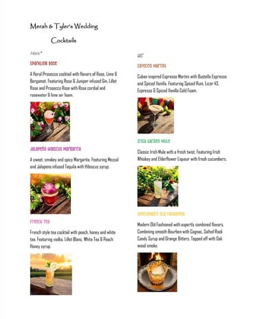 Custom wedding menu for southern Illinois wedding Bender Mixology