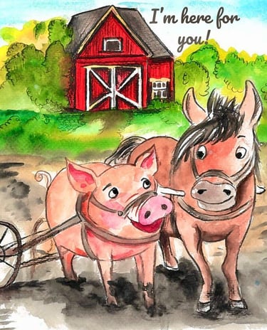 Watercolor illustration of a smiling pig and horse pulling a cart in front of a red farm barn.