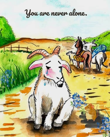 A sad, crying goat being comforted by a mouse with the text 'You are never alone'.