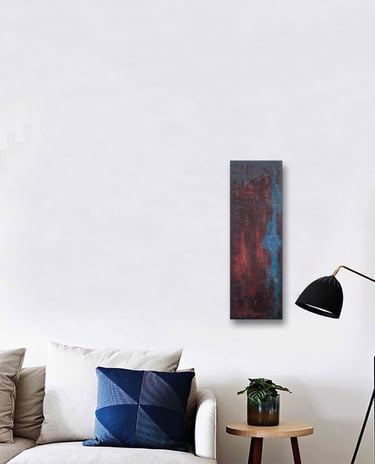 Oeuvre d'art rouge et turquoise de Xirkys exposée dans un salon