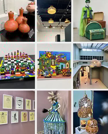 A collage of diverse cultural art exhibits featuring handmade pottery, colorful paintings, and traditional fashion.