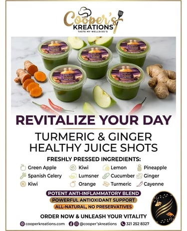 Cooper's Kreations turmeric and ginger healthy juice shots with fresh green apple and spices.