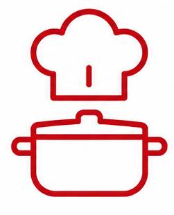 Icono de línea roja que representa un gorro de chef sobre una olla con tapa