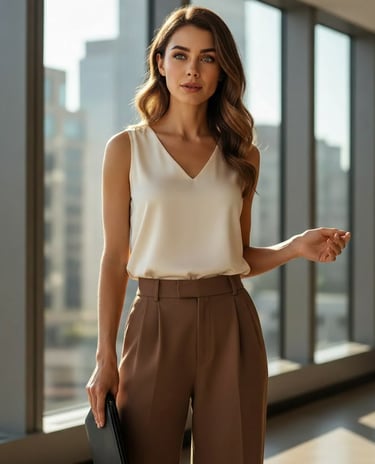 Professional woman wearing a silk V-neck blouse and brown trousers in a modern office.