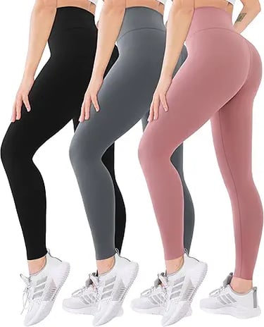 three women's leggings with a white top and a black bottom