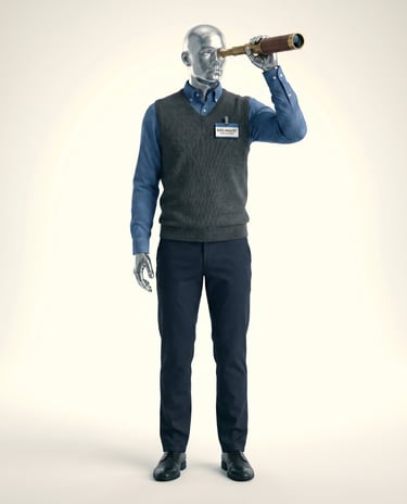 Silver mannequin dressed as a business professional using a telescope for data analysis concepts.