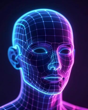 Macro shot of a glowing neon wireframe 3D character head, cinematic lighting, deep indigo and cyan rim light, highly detailed render.