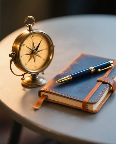 Elegant compass & journal. Guided Spanish learning journey, personal story