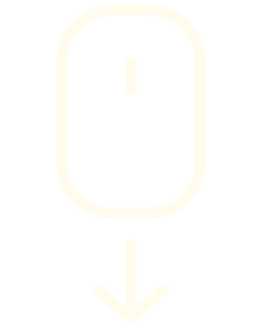 Minimalist white computer mouse icon with a scroll down arrow on a black background.
