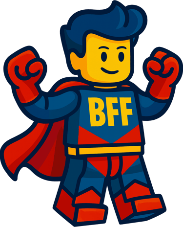 Cartoon superhero toy minifigure in a blue and red suit with BFF text on the chest.