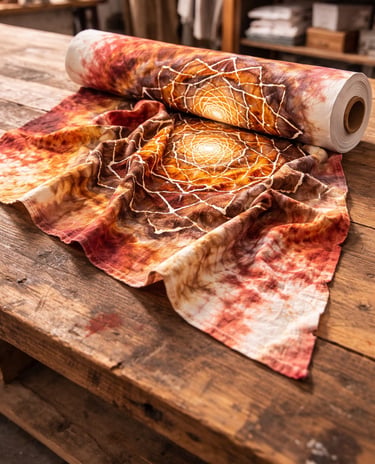 Brown and gold mandala tie-dye fabric roll on wooden table