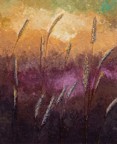 Textured abstract painting of tall grasses silhouetted against a softly blended sky in warm hues of gold, ochre, and violet