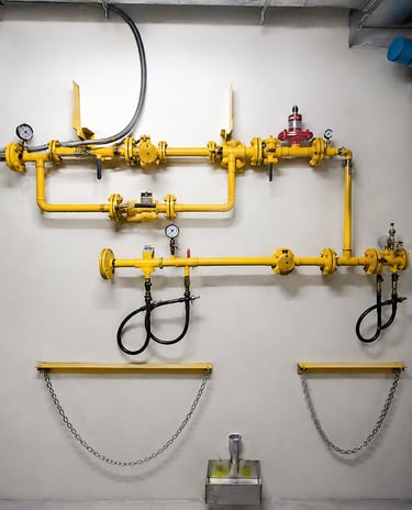 Commercial kitchen gas station system with pressure regulators, safety valves, and gas pipeline inst