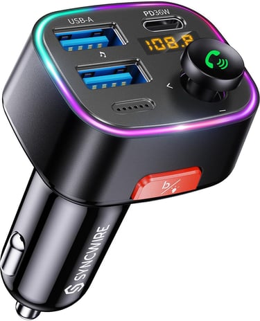  Syncwire Bluetooth 5.4 FM Transmitter Car Adapter 48W (PD 36W & 12W) [Light Switch] [HiFi Bass Sound] [Fast Charging] Wirele
