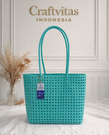 Tas anyaman plastik model sekar warna tosca handmade Craftvitas Indonesia