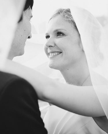 Black and white bride and groom under veil — fine art wedding photographer South of France