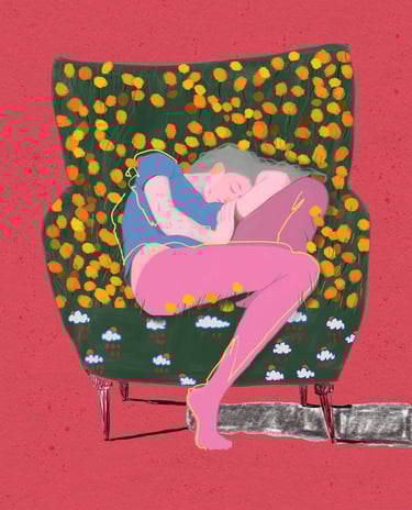 a woman sleeping in a chair with a full of flowers on it.