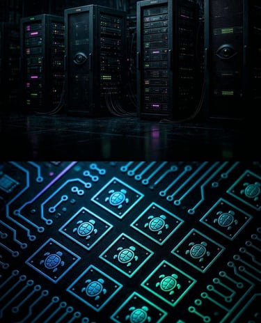 Split-screen graphic comparing dark corporate network tracking against raw silicon YesLibre.